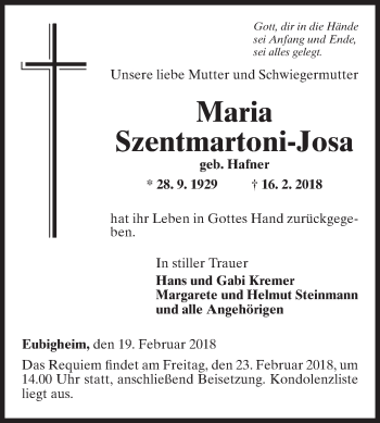 Traueranzeige von Maria Szentmartoni-Josa von Fränkische Nachrichten