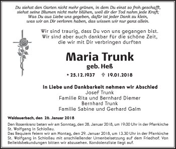 Traueranzeige von Maria Trunk von Fränkische Nachrichten