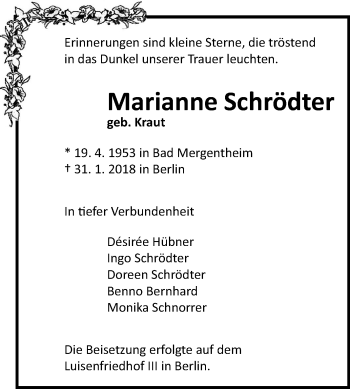 Traueranzeige von Marianne Schrödter von Fränkische Nachrichten