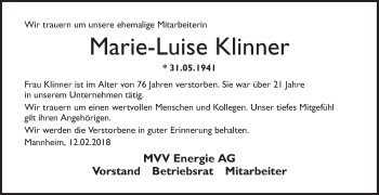 Traueranzeige von Marie-Luise Klinner von Mannheimer Morgen