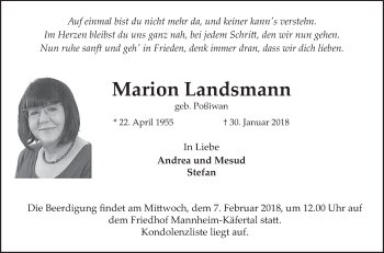 Traueranzeige von Marion Landsmann von Mannheimer Morgen / Schwetzinger Zeitung