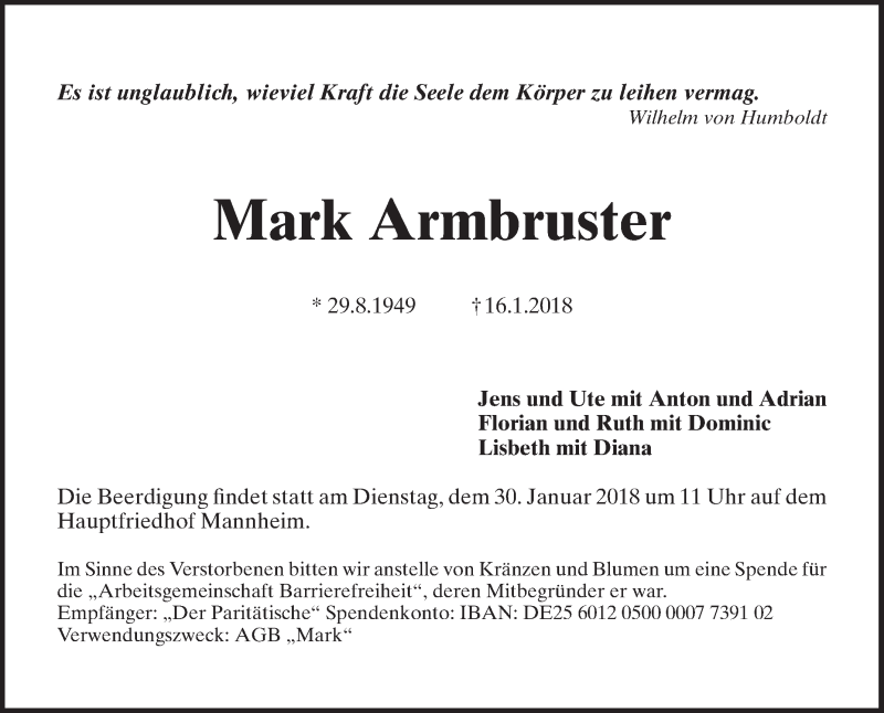  Traueranzeige für Mark Armbruster vom 20.01.2018 aus Mannheimer Morgen / Schwetzinger Zeitung
