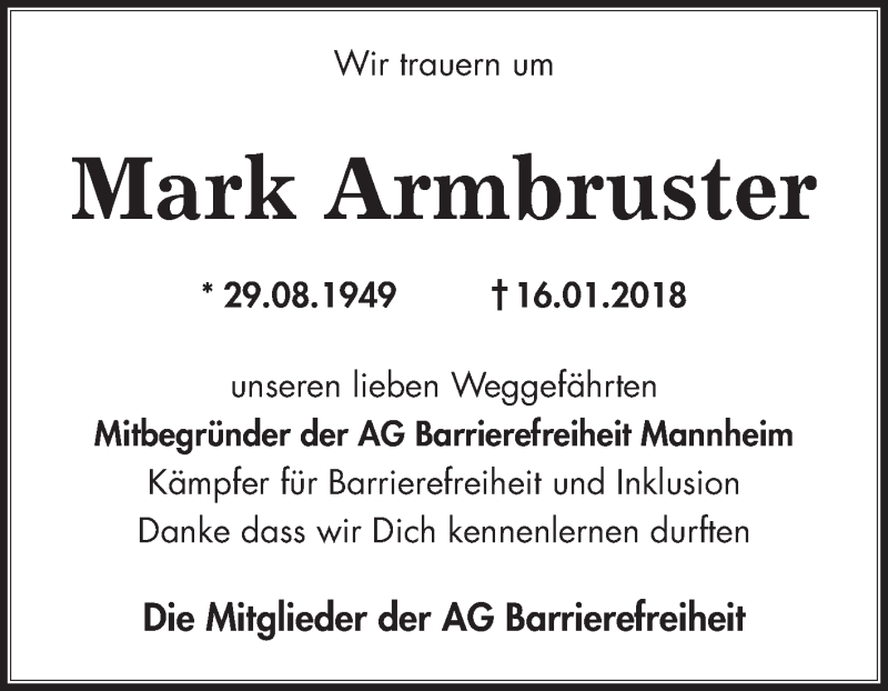  Traueranzeige für Mark Armbruster vom 27.01.2018 aus Mannheimer Morgen / Schwetzinger Zeitung