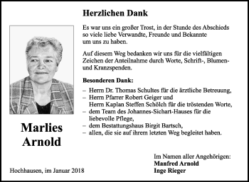 Traueranzeige von Marlies Arnold von Fränkische Nachrichten