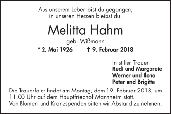 Traueranzeige von Melitta Hahm von Mannheimer Morgen