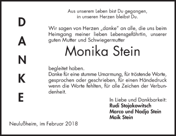 Traueranzeige von Monika Stein von Mannheimer Morgen / Schwetzinger Zeitung