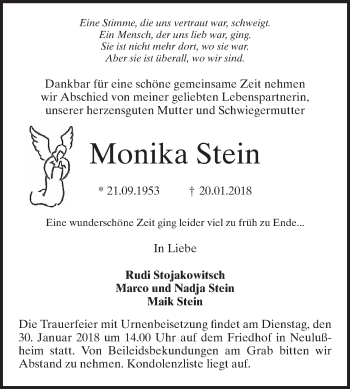 Traueranzeige von Monika Stein von Mannheimer Morgen / Schwetzinger Zeitung