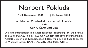 Traueranzeige von Norbert Pokluda von Mannheimer Morgen / Schwetzinger Zeitung