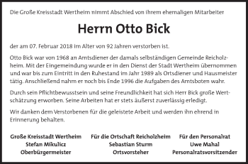 Traueranzeige von Otto Bick von Fränkische Nachrichten