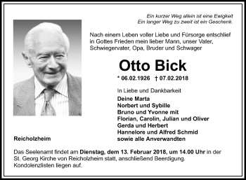 Traueranzeige von Otto Bick von Fränkische Nachrichten