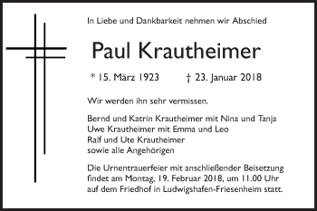 Traueranzeige von Paul Krautheimer von Mannheimer Morgen / Schwetzinger Zeitung