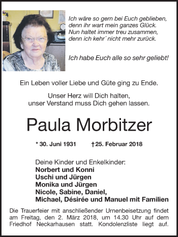 Traueranzeige von Paula Morbitzer von Mannheimer Morgen