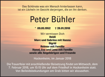 Traueranzeige von Peter Bühler von Mannheimer Morgen / Schwetzinger Zeitung