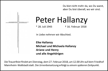 Traueranzeige von Peter Hallanzy von Mannheimer Morgen