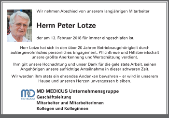 Traueranzeige von Peter Lotze von Schwetzinger Zeitung