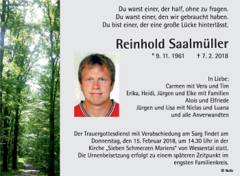 Traueranzeige von Reinhold Saalmüller von Fränkische Nachrichten