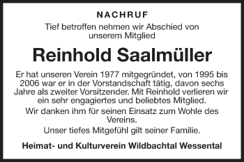 Traueranzeige von Reinhold Saalmüller von Fränkische Nachrichten