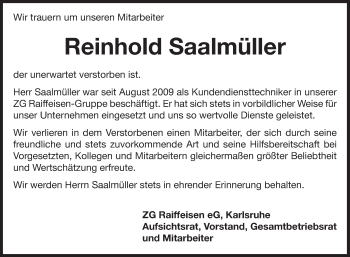 Traueranzeige von Reinhold Saalmüller von Fränkische Nachrichten