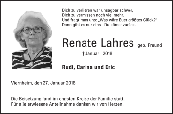 Traueranzeige von Renate Lahres von Mannheimer Morgen / Schwetzinger Zeitung
