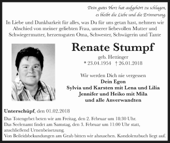 Traueranzeige von Renate Stumpf von Fränkische Nachrichten