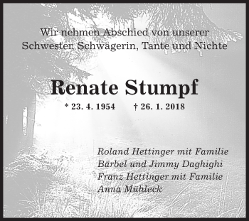 Traueranzeige von Renate Stumpf von Fränkische Nachrichten