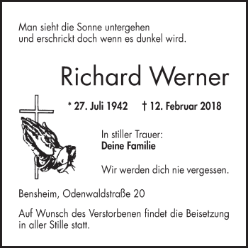 Traueranzeige von Richard Werner von Bergsträßer Anzeiger