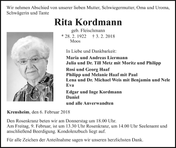 Traueranzeige von Rita Kordmann von Fränkische Nachrichten