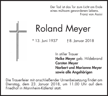 Traueranzeige von Roland Meyer von Mannheimer Morgen / Schwetzinger Zeitung