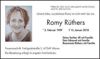 Traueranzeige von Romy Rüthers von Bergsträßer Anzeiger