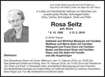 Traueranzeige von Rosa Seitz von Fränkische Nachrichten