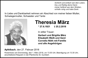 Traueranzeige von Theresia März von Fränkische Nachrichten