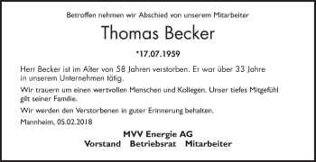 Traueranzeige von Thomas Becker von Mannheimer Morgen / Schwetzinger Zeitung