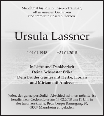 Traueranzeige von Ursula Lassner von Mannheimer Morgen