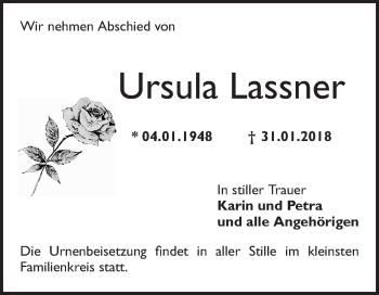 Traueranzeige von Ursula Lassner von Mannheimer Morgen / Schwetzinger Zeitung