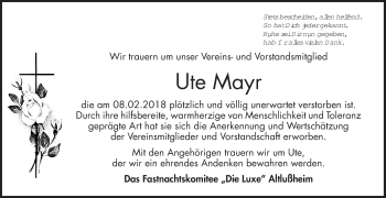 Traueranzeige von Ute Mayr von Schwetzinger Zeitung