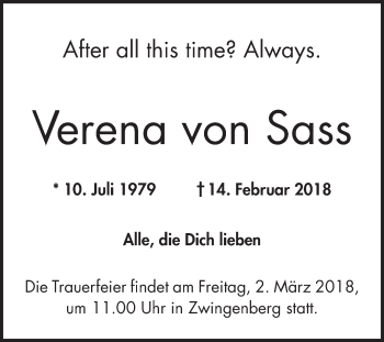 Traueranzeige von Verena von Sass von Bergsträßer Anzeiger