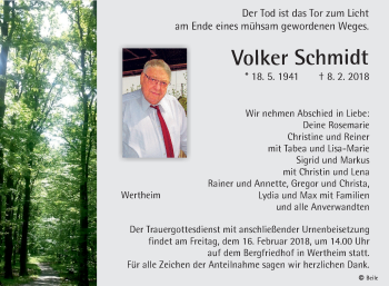 Traueranzeige von Volker Schmidt von Fränkische Nachrichten