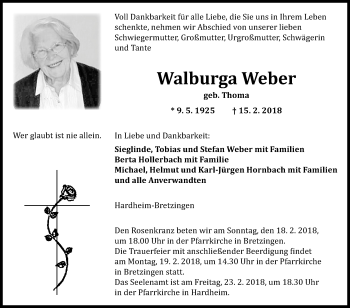 Traueranzeige von Walburga Weber von Fränkische Nachrichten