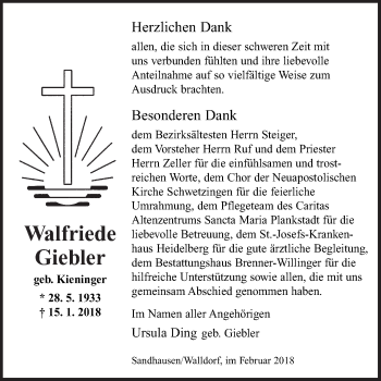 Traueranzeige von Walfriede Giebler von Schwetzinger Zeitung