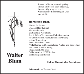 Traueranzeige von Walter Blum von Fränkische Nachrichten