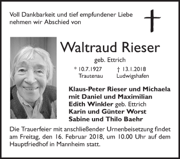 Traueranzeige von Waltraud Rieser von Mannheimer Morgen / Schwetzinger Zeitung