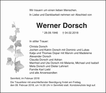 Traueranzeige von Werner Dorsch von Fränkische Nachrichten