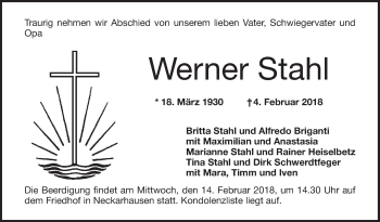 Traueranzeige von Werner Stahl von Mannheimer Morgen