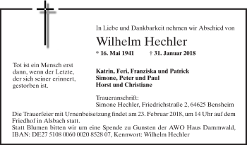 Traueranzeige von Wilhelm Hechler von Bergsträßer Anzeiger