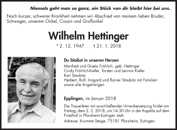 Traueranzeige von Wilhelm Hettinger von Fränkische Nachrichten