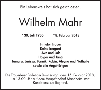Traueranzeige von Wilhelm Mahr von Mannheimer Morgen