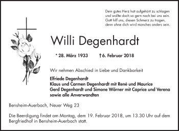 Traueranzeige von Willi Degenhardt von Bergsträßer Anzeiger