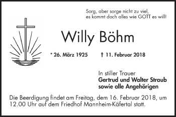 Traueranzeige von Willy Böhm von Mannheimer Morgen