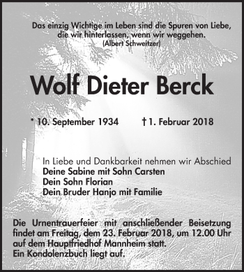 Traueranzeige von Wolf Dieter Berck von Mannheimer Morgen