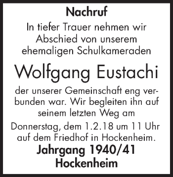 Traueranzeige von Wolfgang Eustachi von Mannheimer Morgen / Schwetzinger Zeitung